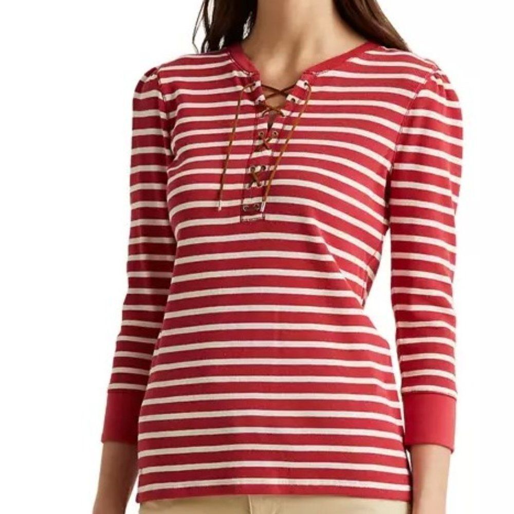 Lauren Ralph Lauren Striped Lace-Up Waffle-Knit Top, SZ XXL, NWT